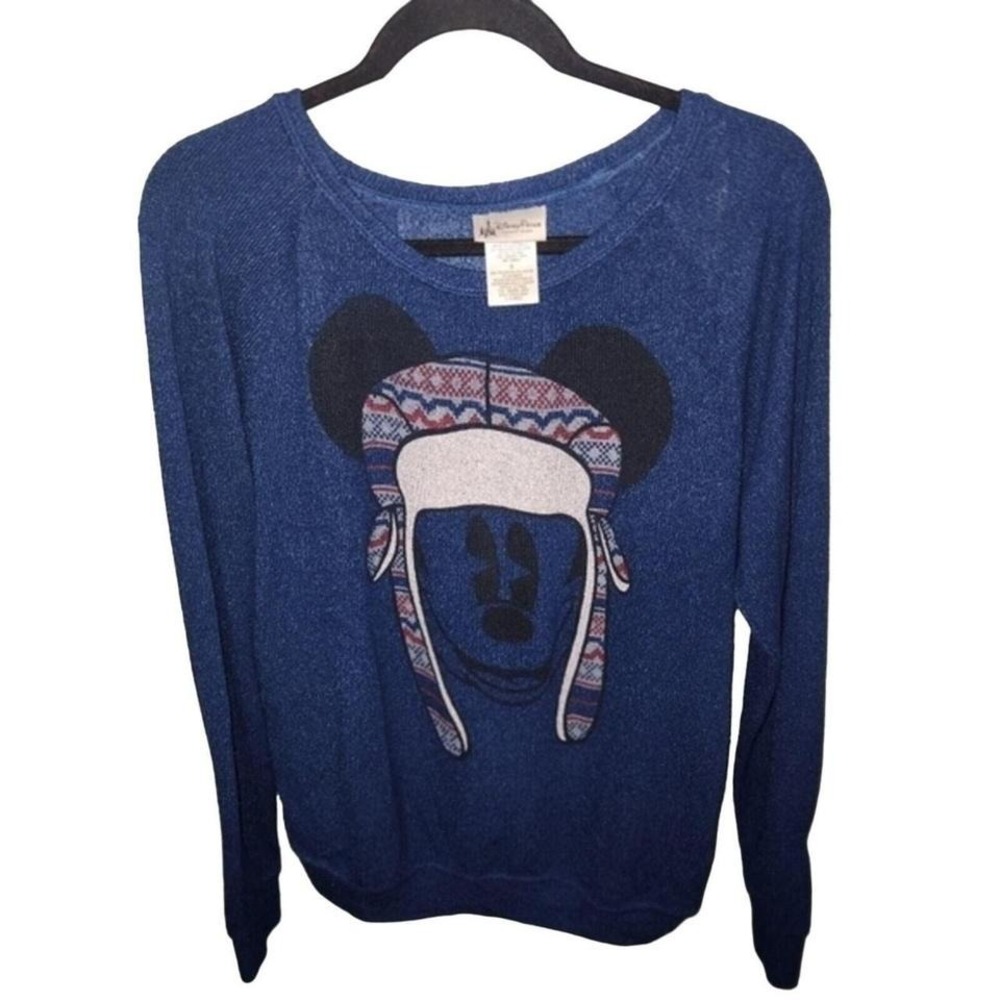 Disney Parks Mickey Mouse Winter Hat Graphic Blue Long Sleeve Pullover‎ Sweater